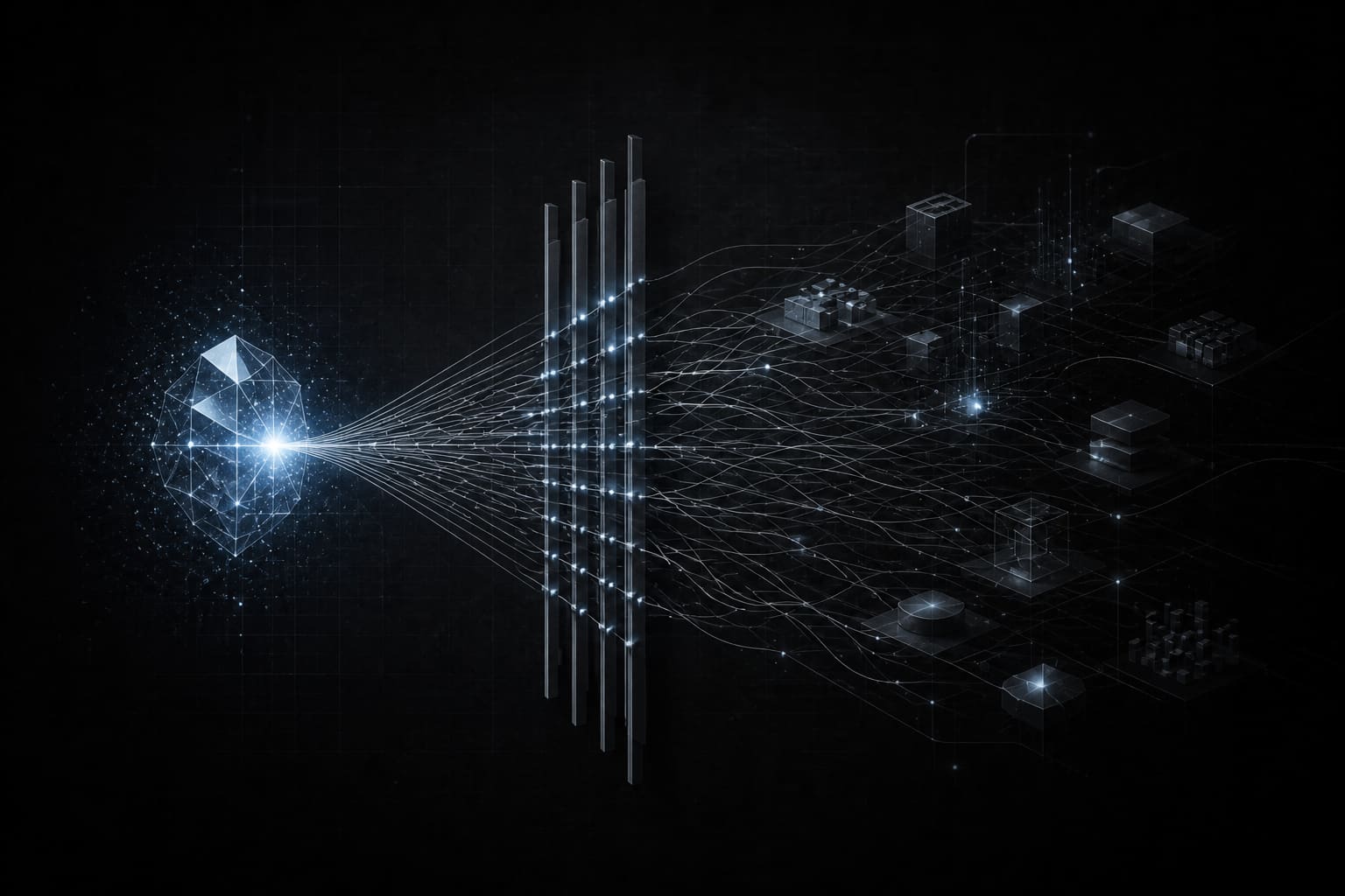 A bright faceted core sends many pathways through narrow control gates toward a network of business systems.