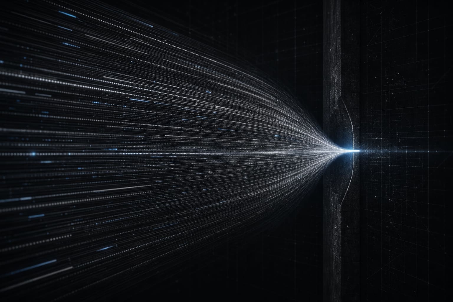 A torrent of luminous code-like lines funneling through a single narrow bright aperture — a bottleneck under pressure.