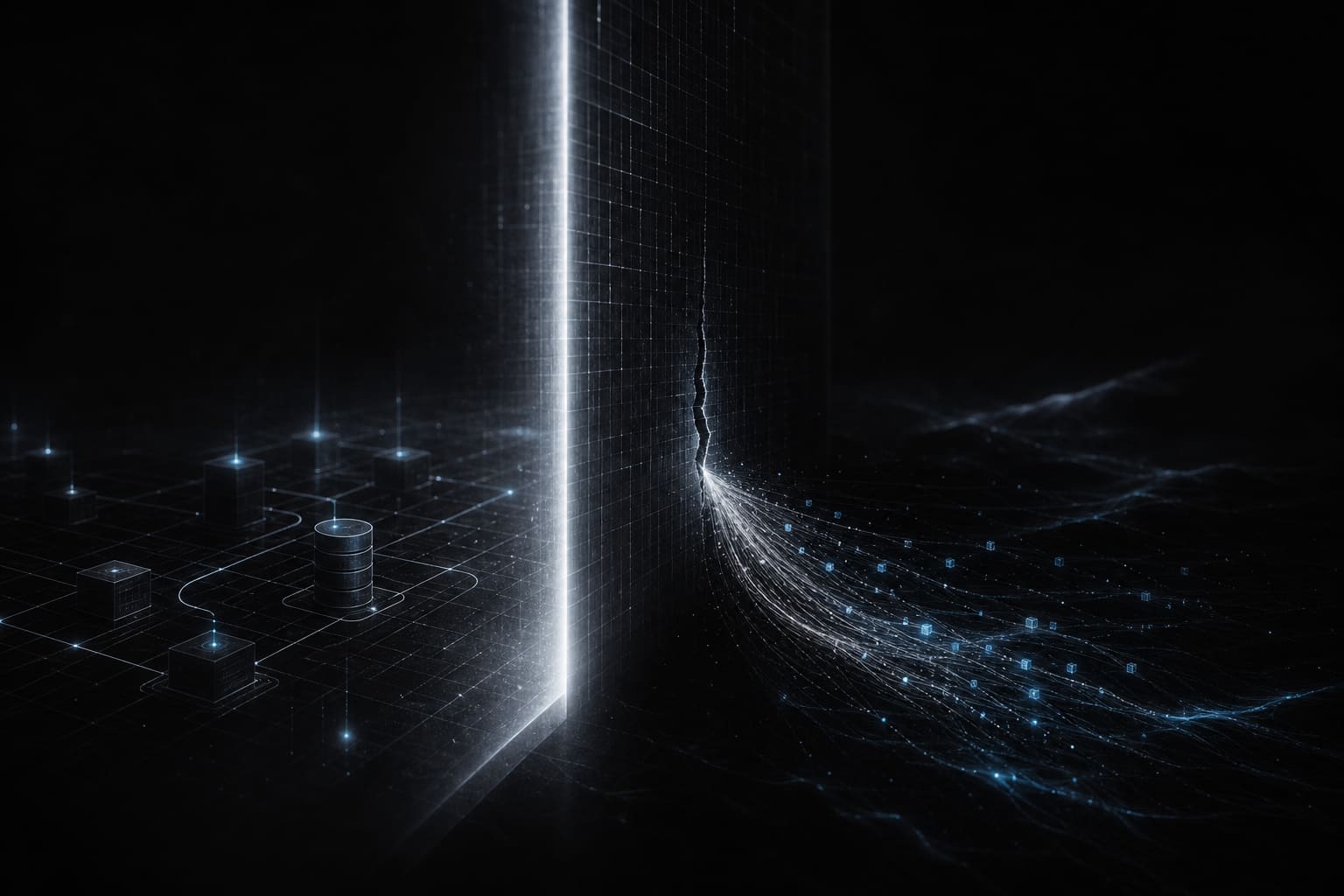A luminous security wall protecting a network, quietly bleeding streams of data out through a hairline crack to the other side.
