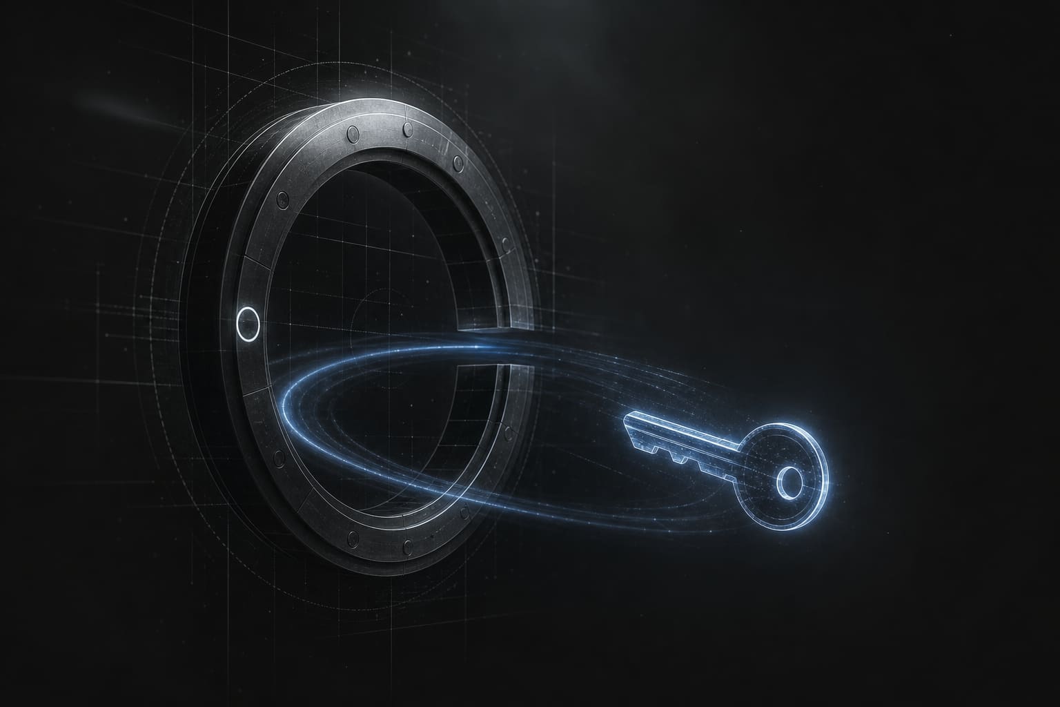 A glowing key looping past an open vault-lock ring, bypassing the barrier rather than passing through it.