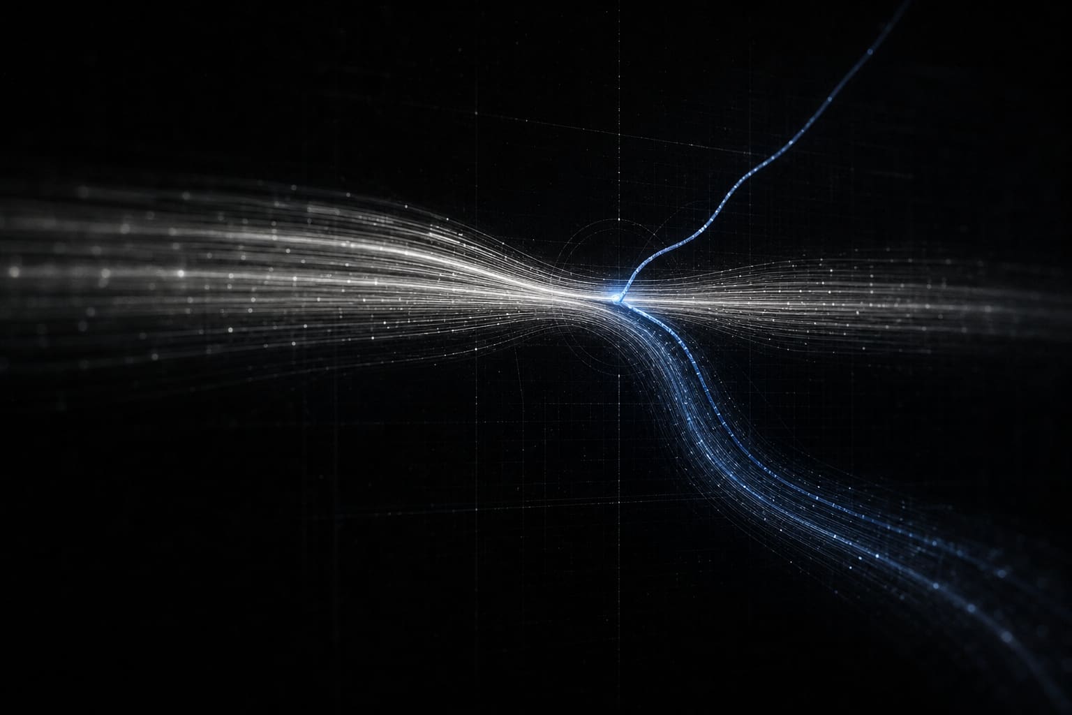 A clean channel of luminous data being diverted off-course by a single intruding thread splicing into the flow.