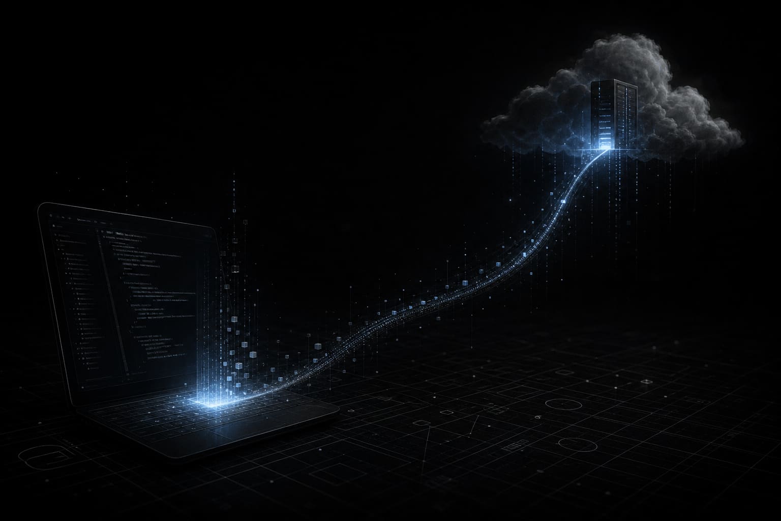 A laptop emitting a stream of glowing code that flows along a thin conduit up into a distant cloud server.