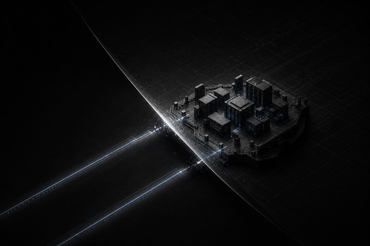 Two network paths to a geometric datacenter island severed by a single automated sweep.