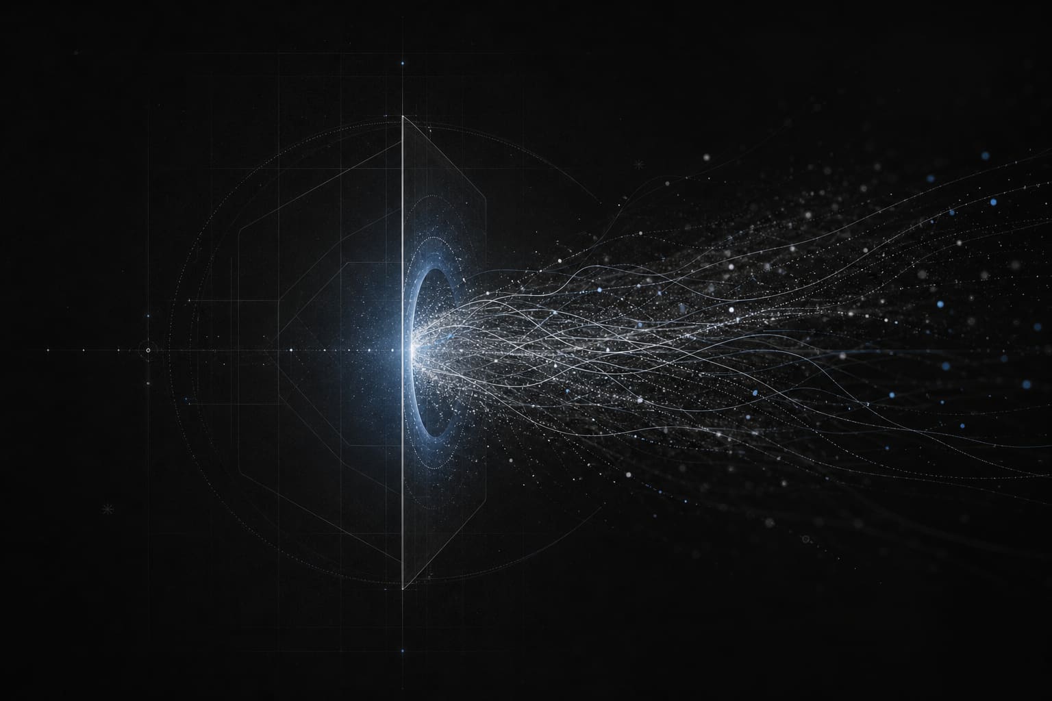 Luminous particles and data threads drifting out through a faint geometric boundary against a near-black background.