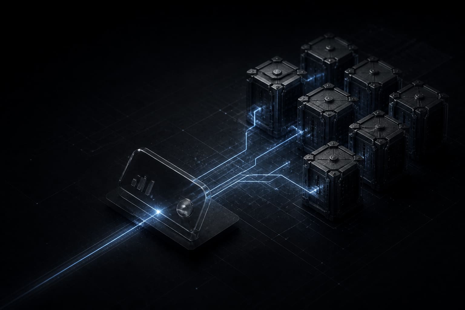 A small glass analytics console pierced by a blue path that branches into a cluster of dark database vaults.