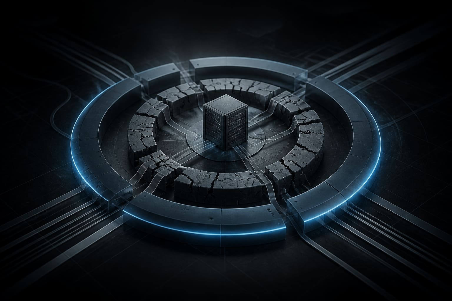 A print server sits inside a cracked inner barrier and a reinforced outer security ring.