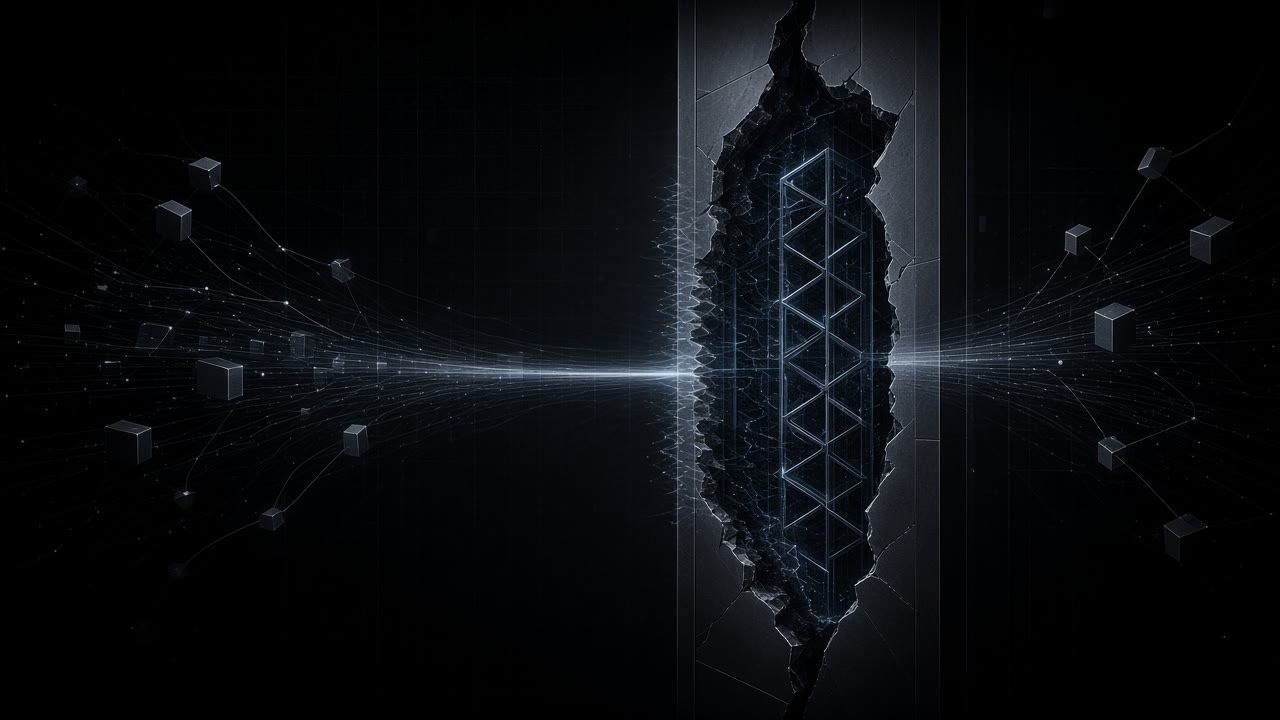 A dark metal gateway between two networks bends at one edge under a restrained blue light.
